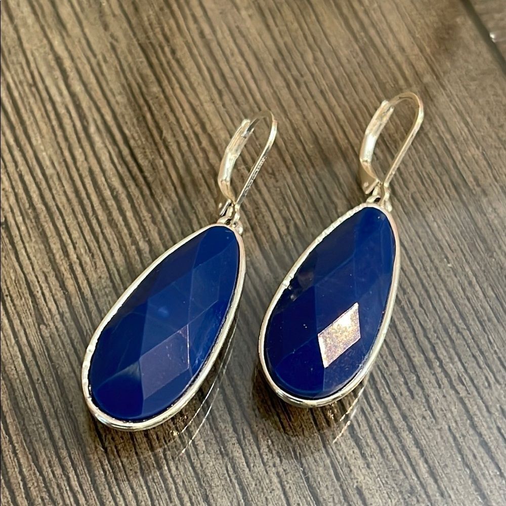 Long Silver-tone Tear Drop Lever Bag Earrings with Blue Faceted Gem